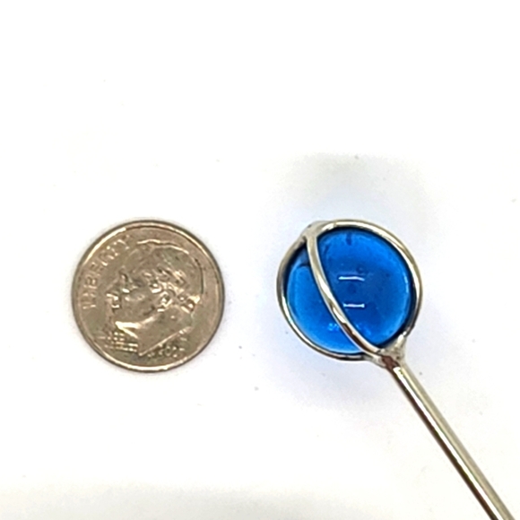 Caged 9/16" Round Aqua Translucent Glass and 5.5" Steel Hair Stick - Picture 6 of 6